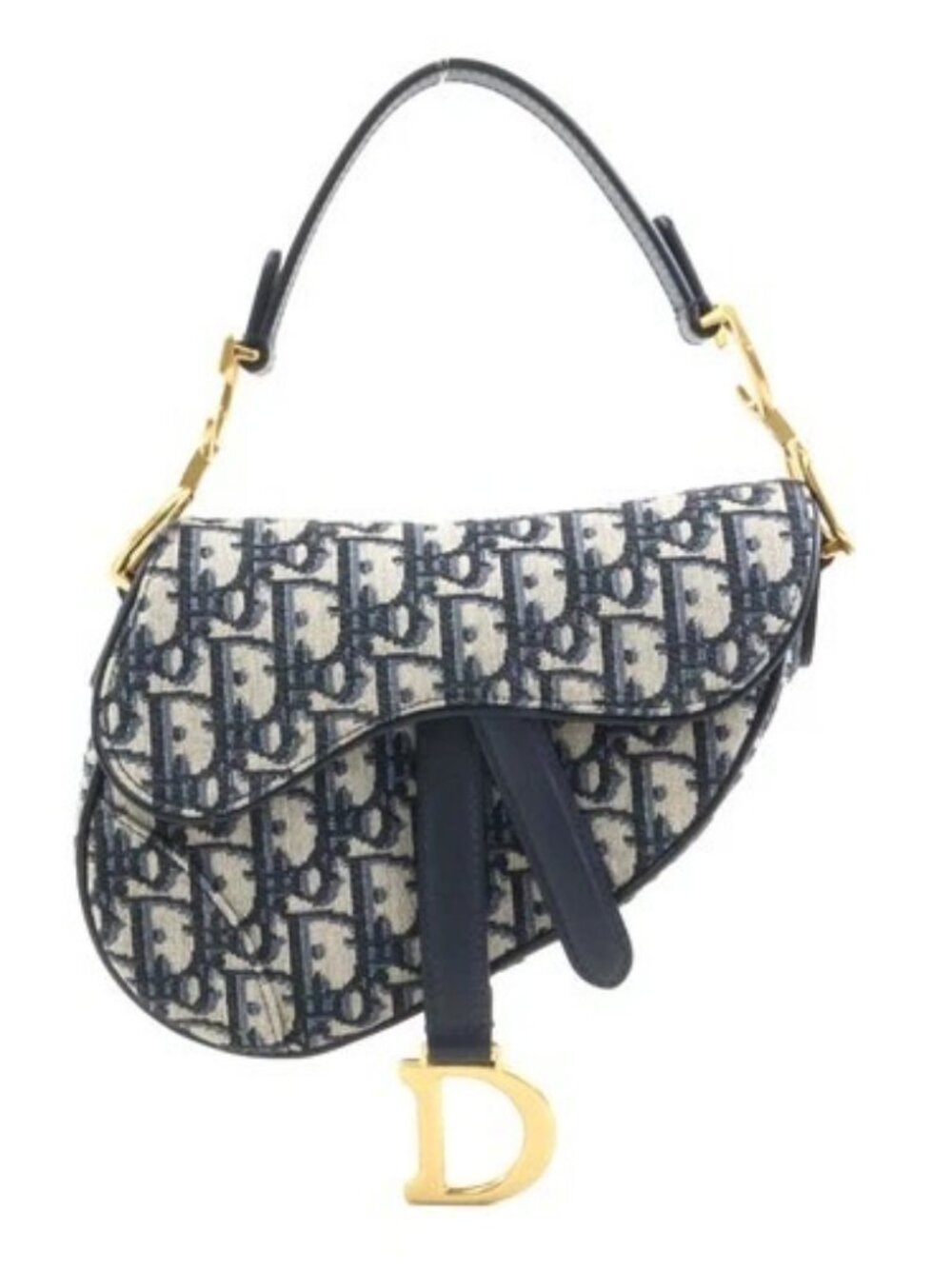 Auth Christian Dior Saddle Bag Handbag Navy Canvas/Goldtone - 90072a